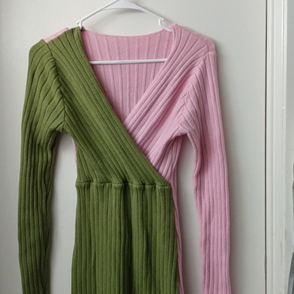 Knee length sweater dress, olive and pink back is all pink, Shein L runs small